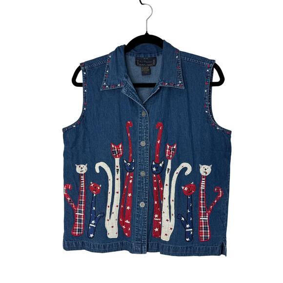 Vintage New Directions Denim Vest Women L Cat Embroidered Patriotic USA July 4th - Picture 1 of 8